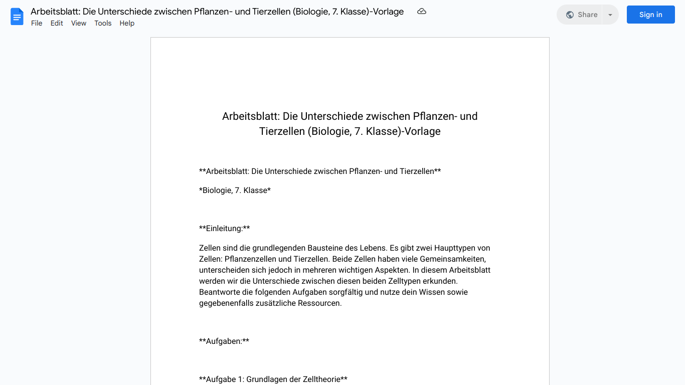 Arbeitsblatt: Die Unterschiede zwischen Pflanzen- und Tierzellen (Biologie, 7. Klasse)-Vorlage