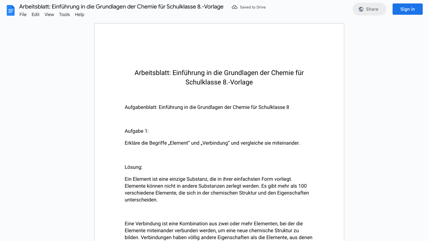 Arbeitsblatt: Einführung in die Grundlagen der Chemie für Schulklasse 8.-Vorlage