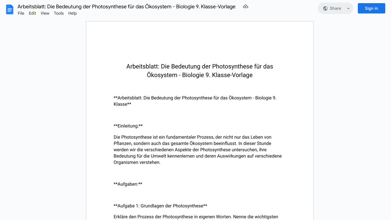 Arbeitsblatt: Die Bedeutung der Photosynthese für das Ökosystem - Biologie 9. Klasse-Vorlage