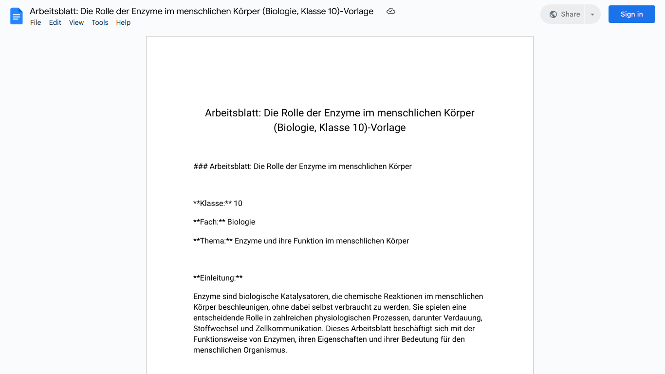 Arbeitsblatt: Die Rolle der Enzyme im menschlichen Körper (Biologie, Klasse 10)-Vorlage