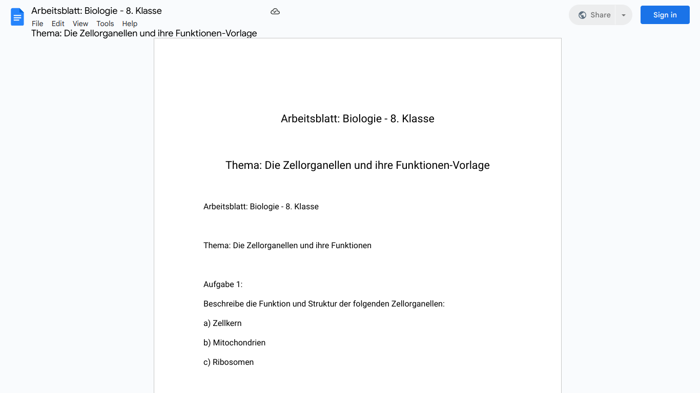 Arbeitsblatt: Biologie - 8. Klasse

Thema: Die Zellorganellen und ihre Funktionen-Vorlage