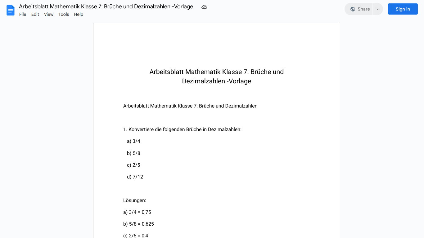 Arbeitsblatt Mathematik Klasse 7: Brüche und Dezimalzahlen.-Vorlage