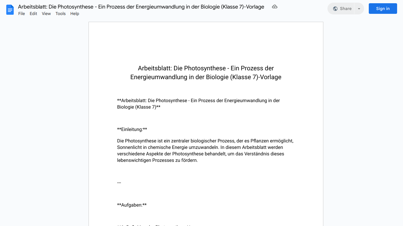 Arbeitsblatt: Die Photosynthese - Ein Prozess der Energieumwandlung in der Biologie (Klasse 7)-Vorlage