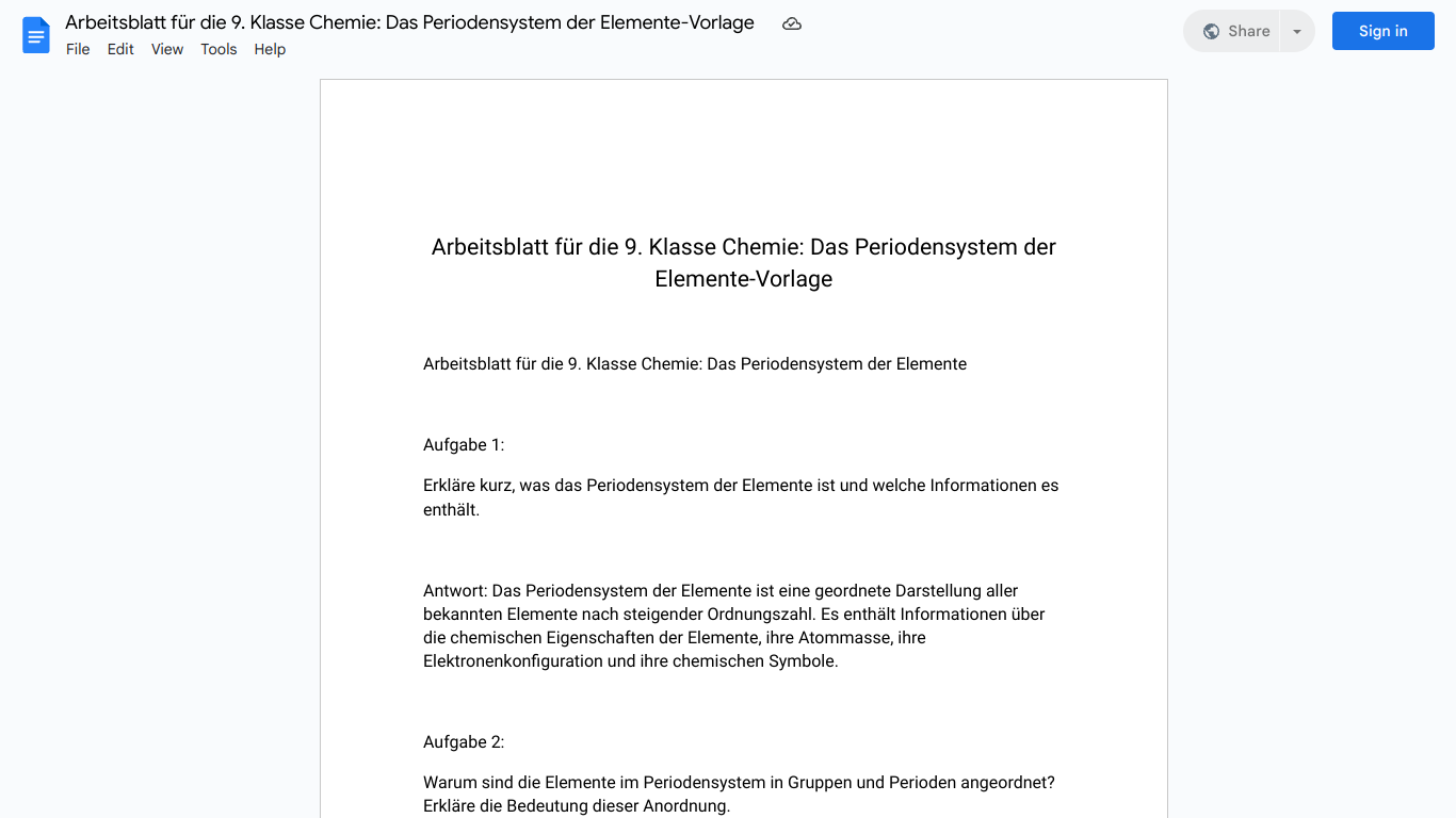 Arbeitsblatt für die 9. Klasse Chemie: Das Periodensystem der Elemente-Vorlage