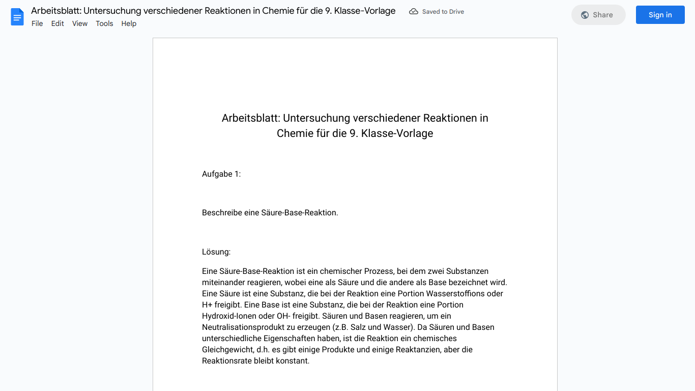 Arbeitsblatt: Untersuchung verschiedener Reaktionen in Chemie für die 9. Klasse-Vorlage