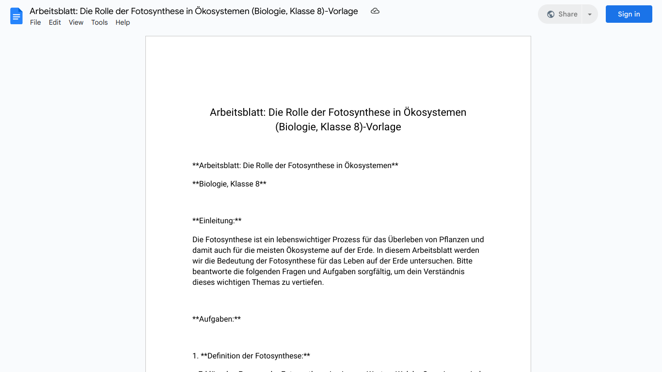 Arbeitsblatt: Die Rolle der Fotosynthese in Ökosystemen (Biologie, Klasse 8)-Vorlage