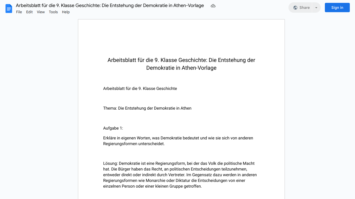 Arbeitsblatt für die 9. Klasse Geschichte: Die Entstehung der Demokratie in Athen-Vorlage