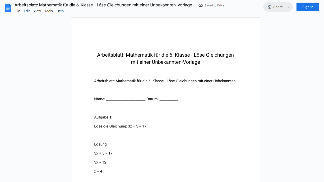 Arbeitsblatt: Mathematik für die 6. Klasse - Löse Gleichungen mit einer Unbekannten-Vorlage