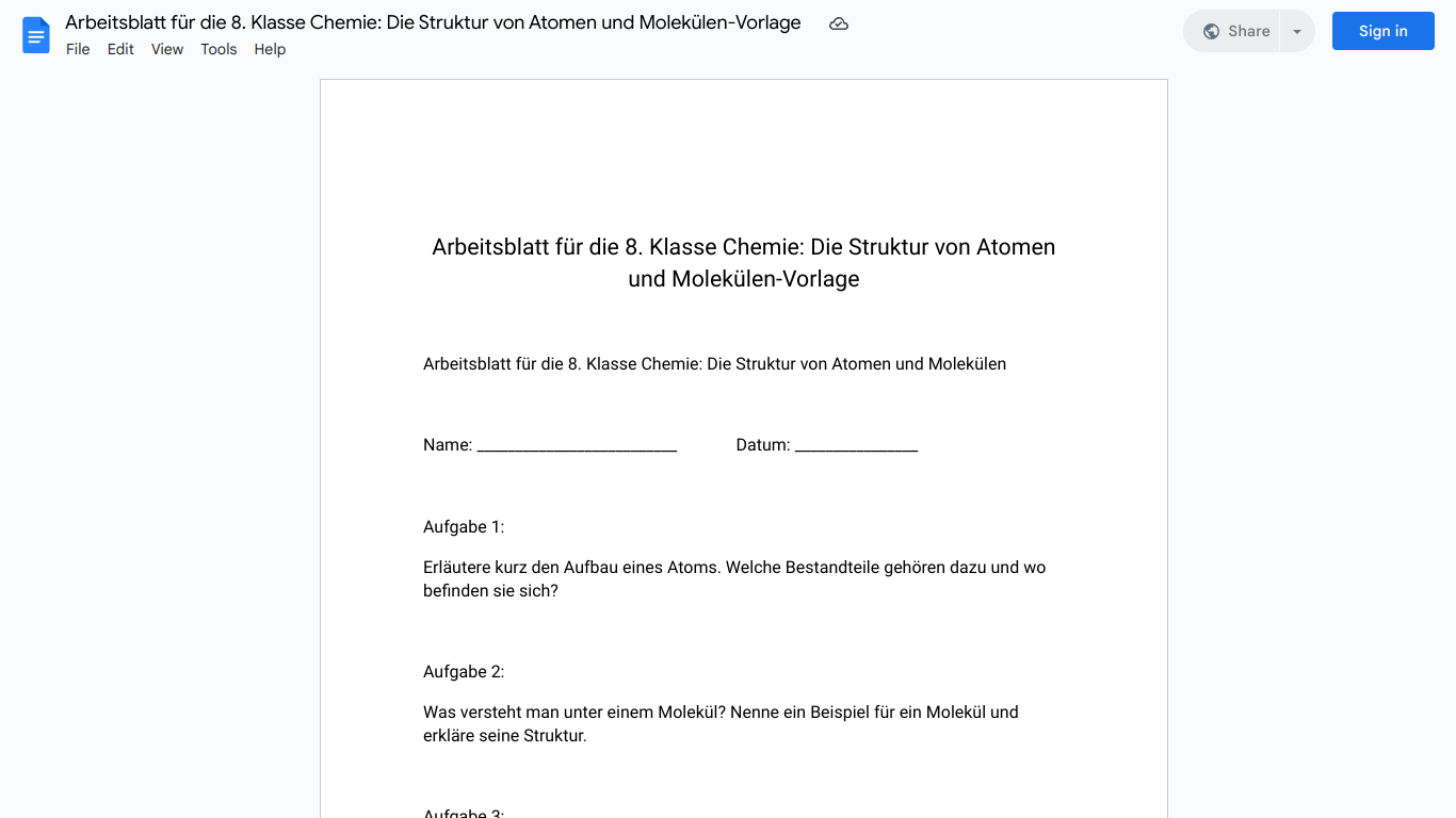 Arbeitsblatt für die 8. Klasse Chemie: Die Struktur von Atomen und Molekülen-Vorlage