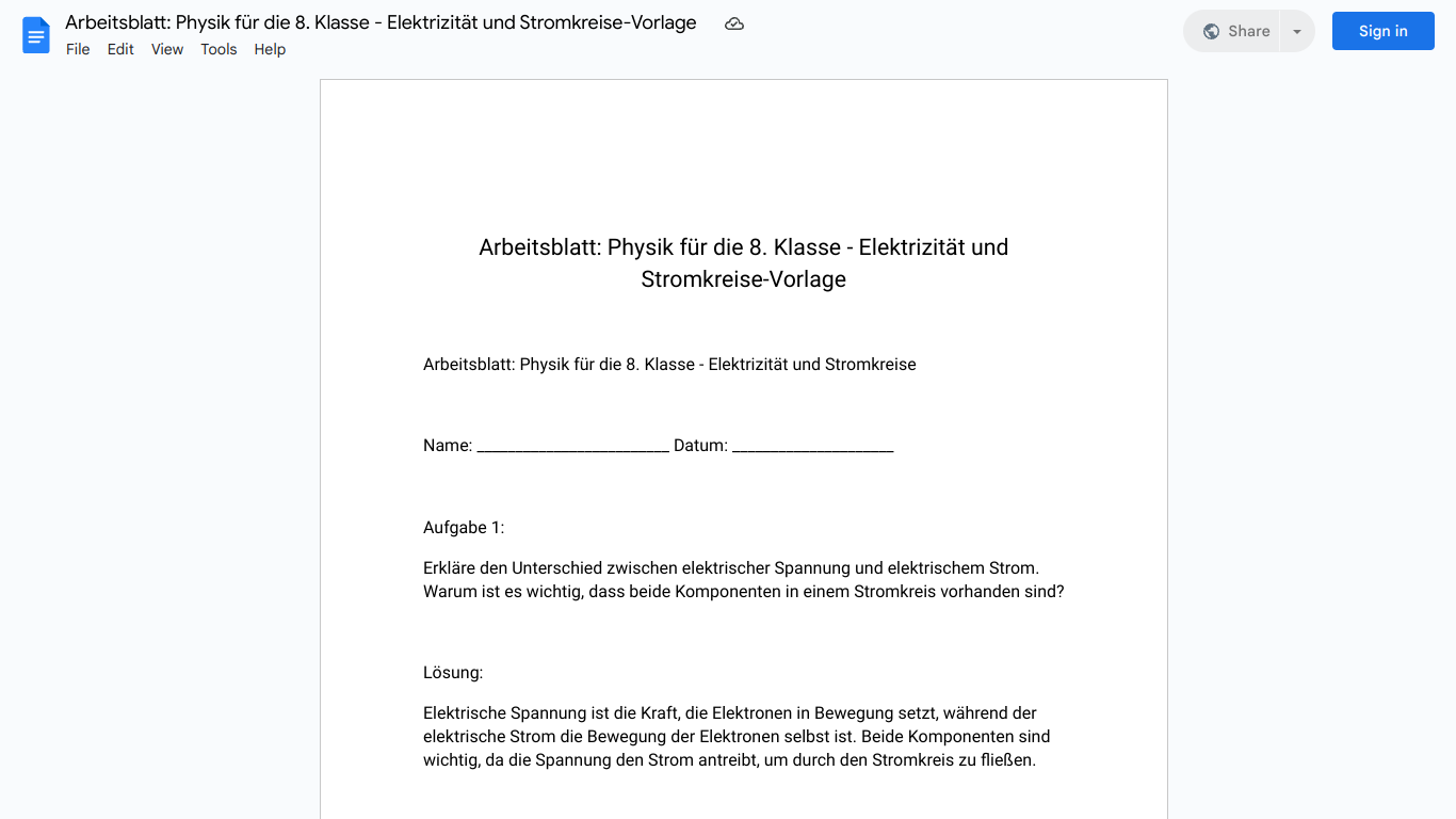 Arbeitsblatt: Physik für die 8. Klasse - Elektrizität und Stromkreise-Vorlage