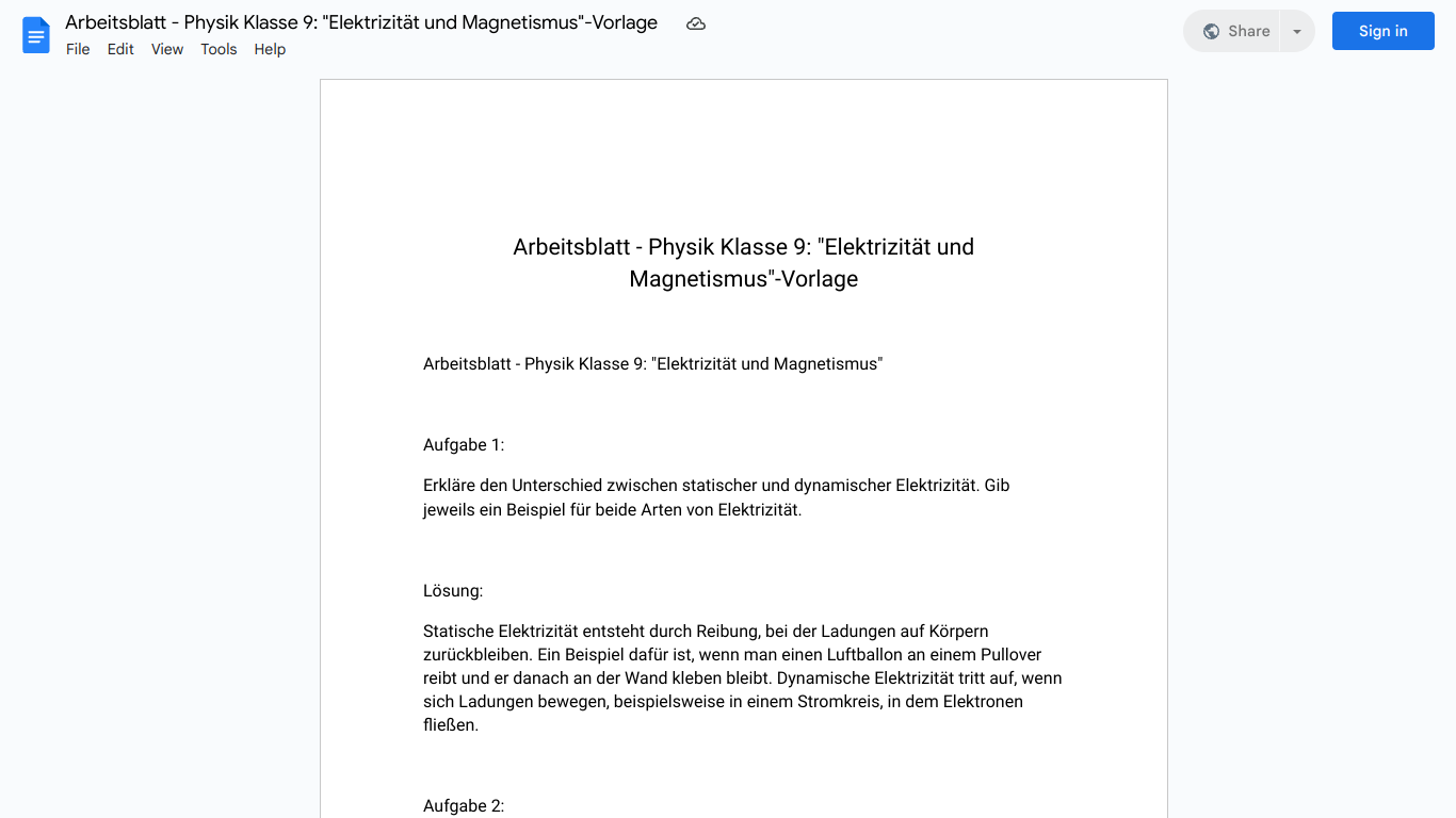 Arbeitsblatt - Physik Klasse 9: "Elektrizität und Magnetismus"-Vorlage