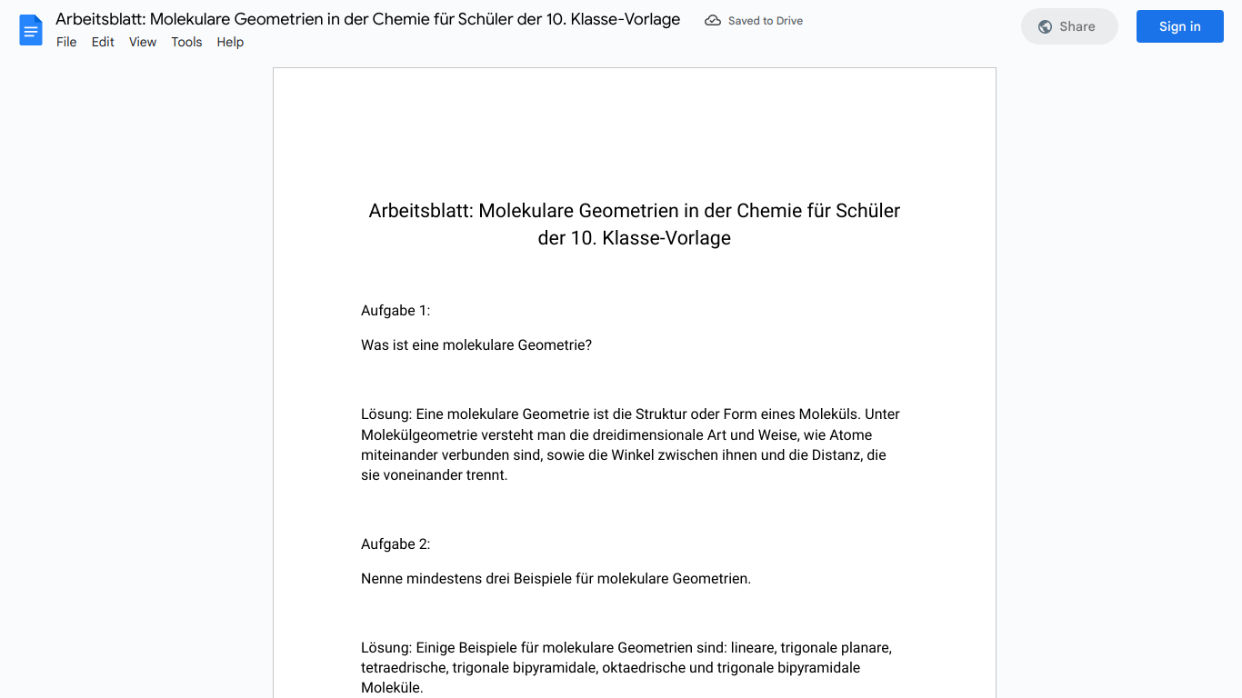 Arbeitsblatt: Molekulare Geometrien in der Chemie für Schüler der 10. Klasse-Vorlage