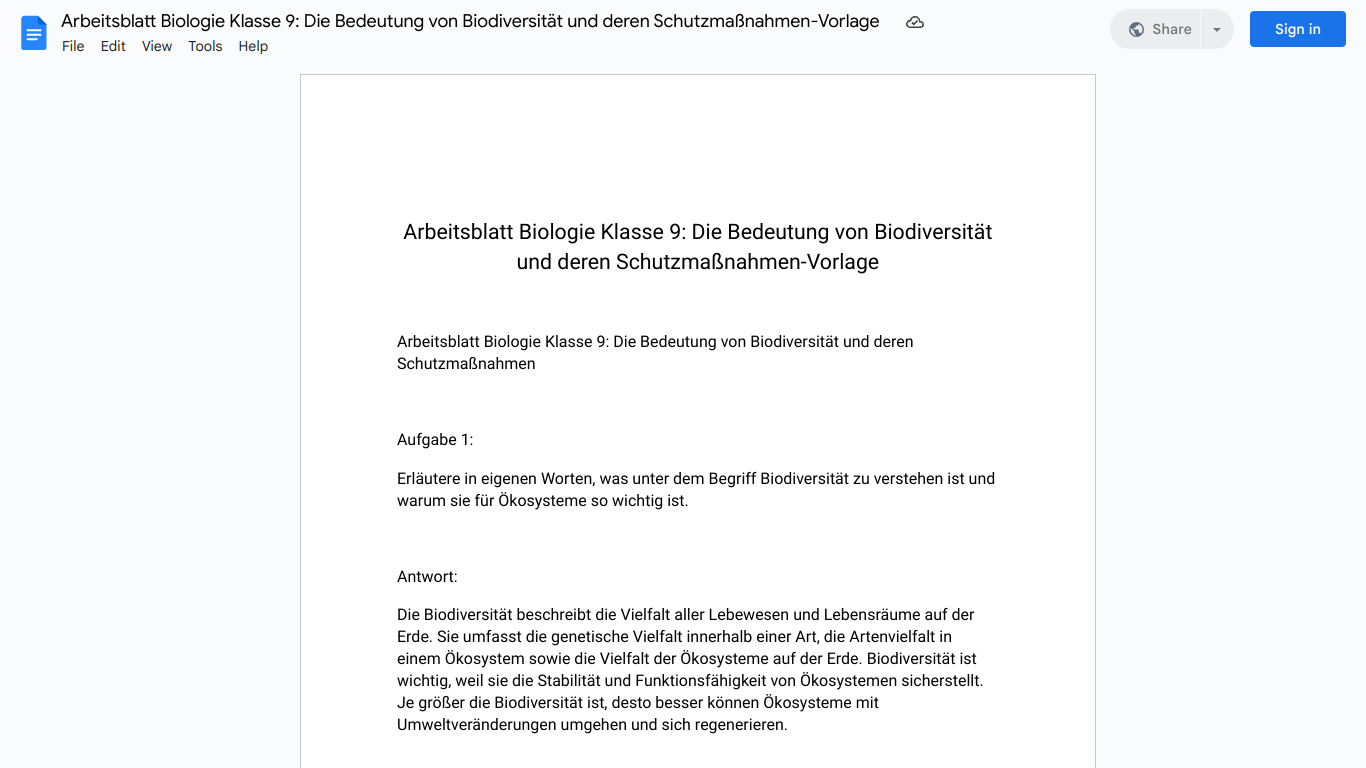 Arbeitsblatt Biologie Klasse 9: Die Bedeutung von Biodiversität und deren Schutzmaßnahmen-Vorlage