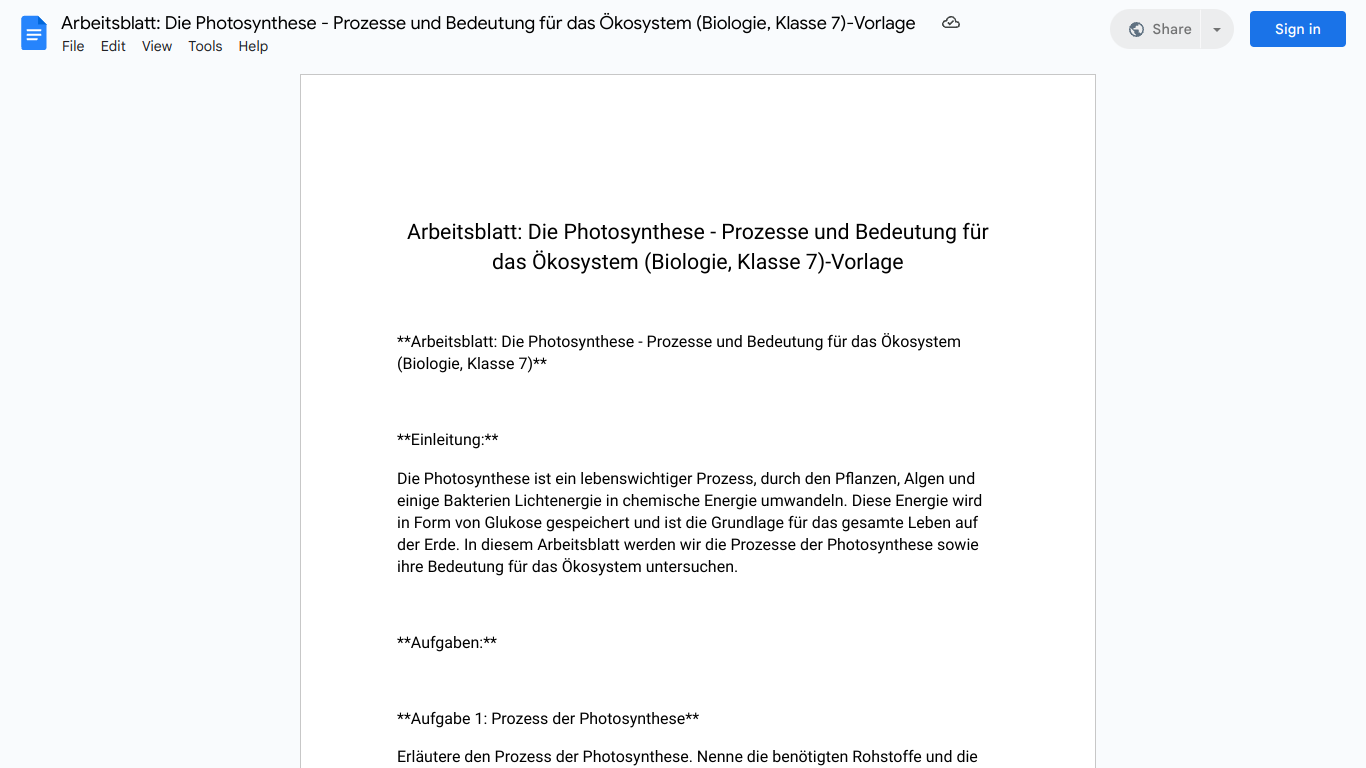 Arbeitsblatt: Die Photosynthese - Prozesse und Bedeutung für das Ökosystem (Biologie, Klasse 7)-Vorlage