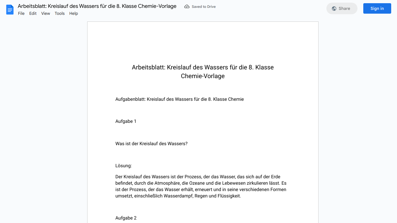 Arbeitsblatt: Kreislauf des Wassers für die 8. Klasse Chemie-Vorlage