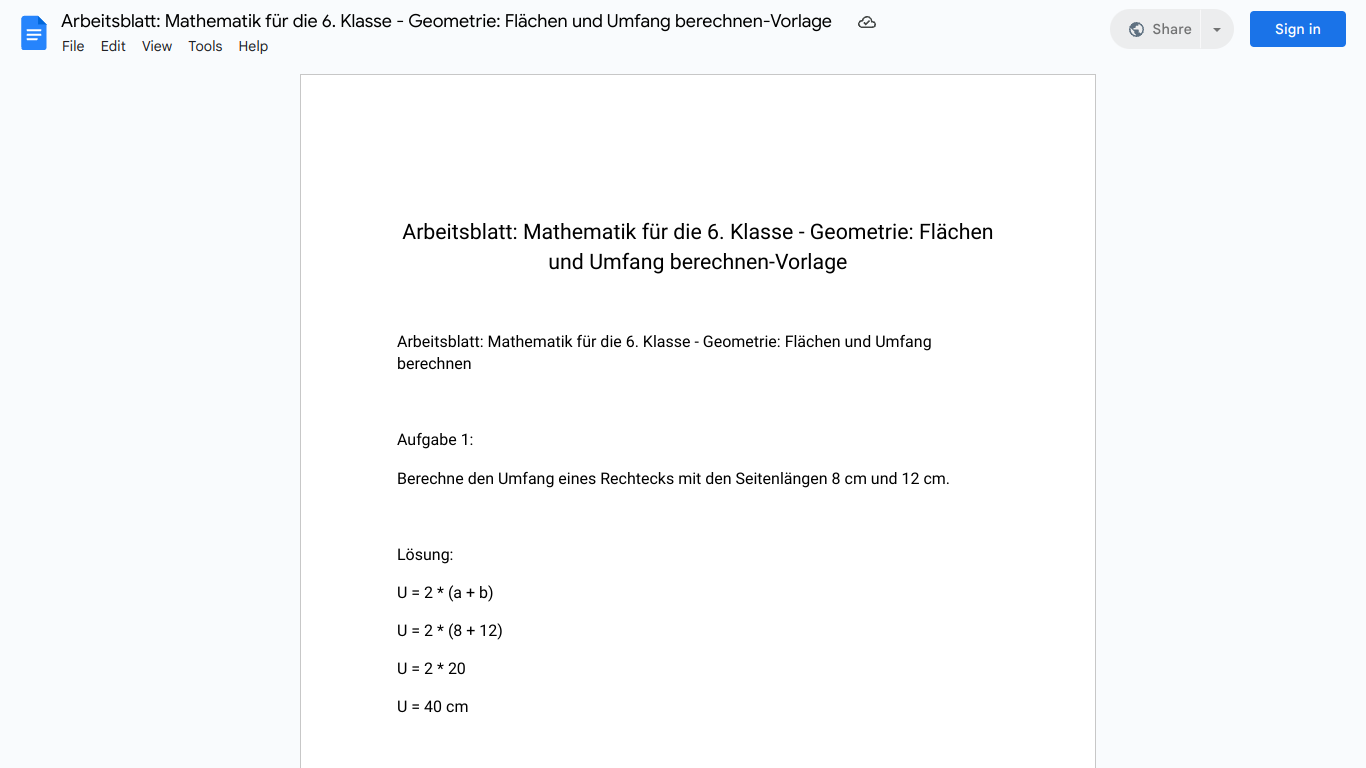 Arbeitsblatt: Mathematik für die 6. Klasse - Geometrie: Flächen und Umfang berechnen-Vorlage