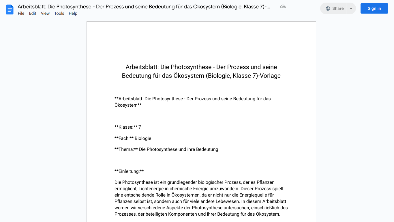 Arbeitsblatt: Die Photosynthese - Der Prozess und seine Bedeutung für das Ökosystem (Biologie, Klasse 7)-Vorlage