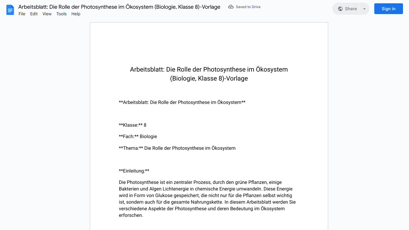 Arbeitsblatt: Die Rolle der Photosynthese im Ökosystem (Biologie, Klasse 8)-Vorlage