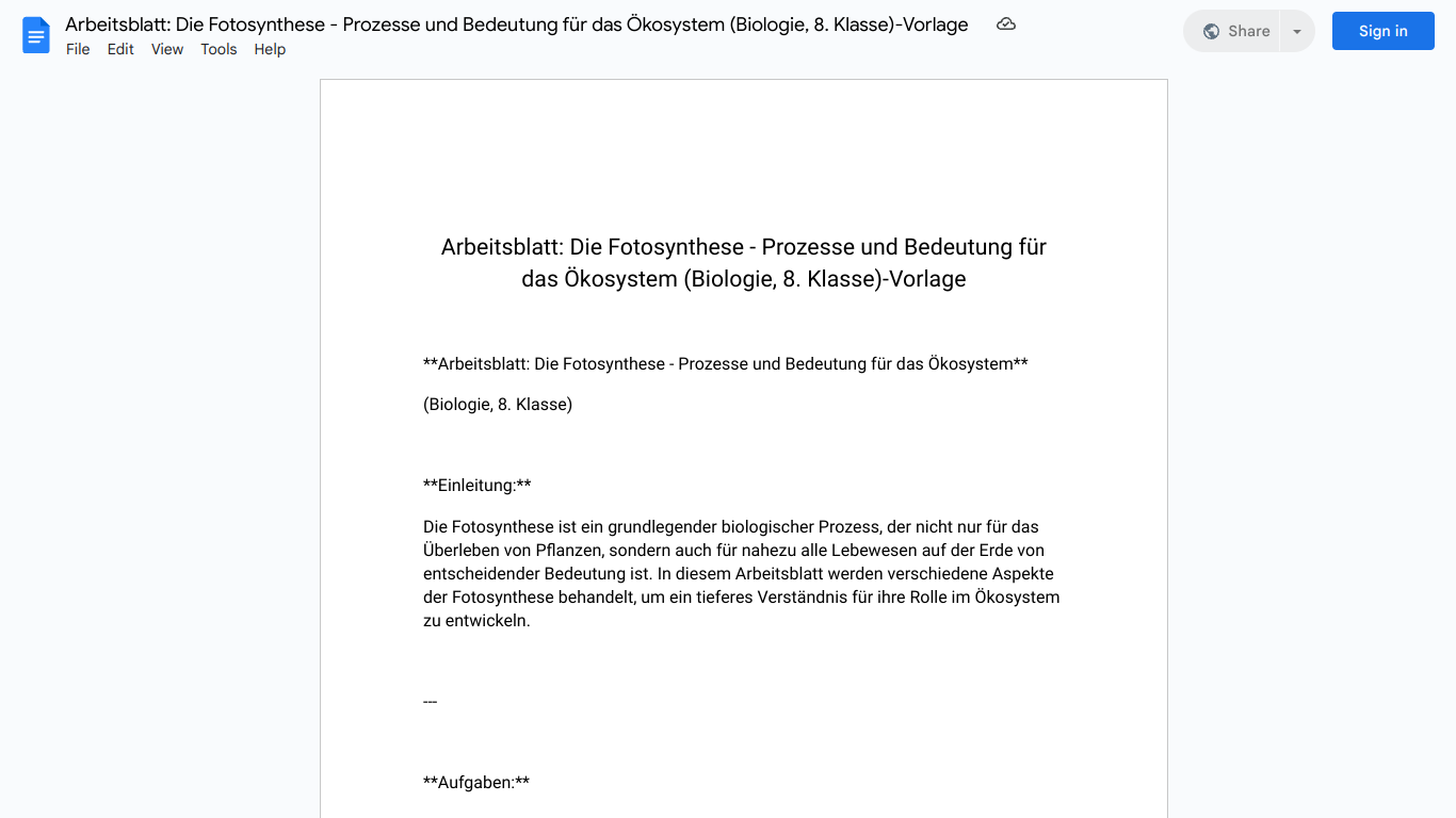 Arbeitsblatt: Die Fotosynthese - Prozesse und Bedeutung für das Ökosystem (Biologie, 8. Klasse)-Vorlage