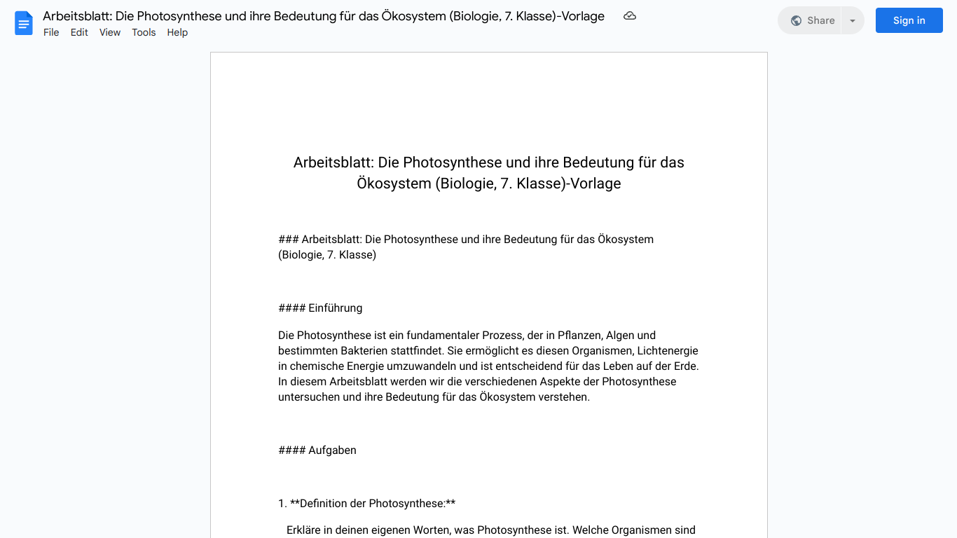 Arbeitsblatt: Die Photosynthese und ihre Bedeutung für das Ökosystem (Biologie, 7. Klasse)-Vorlage