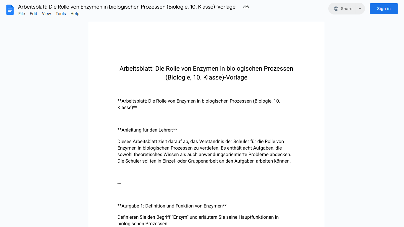 Arbeitsblatt: Die Rolle von Enzymen in biologischen Prozessen (Biologie, 10. Klasse)-Vorlage