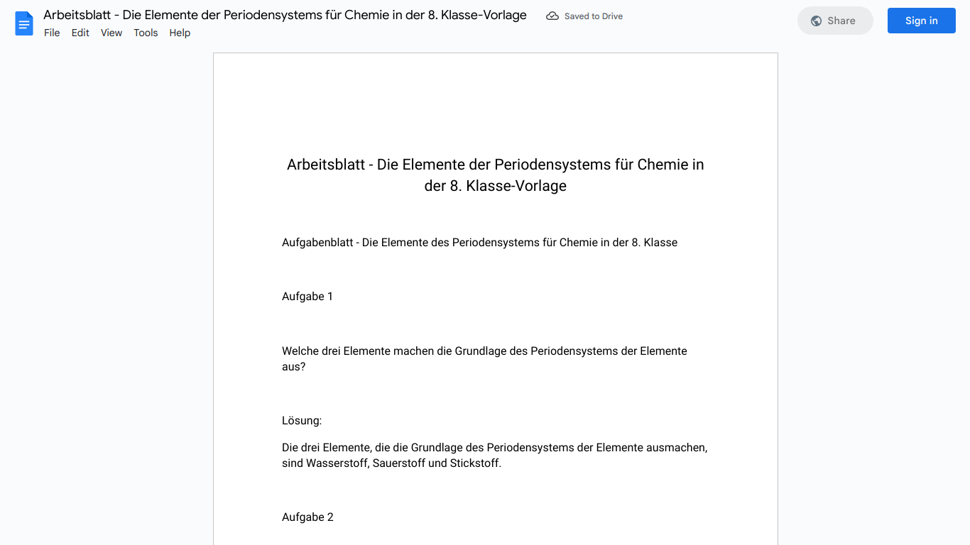 Arbeitsblatt - Die Elemente der Periodensystems für Chemie in der 8. Klasse-Vorlage