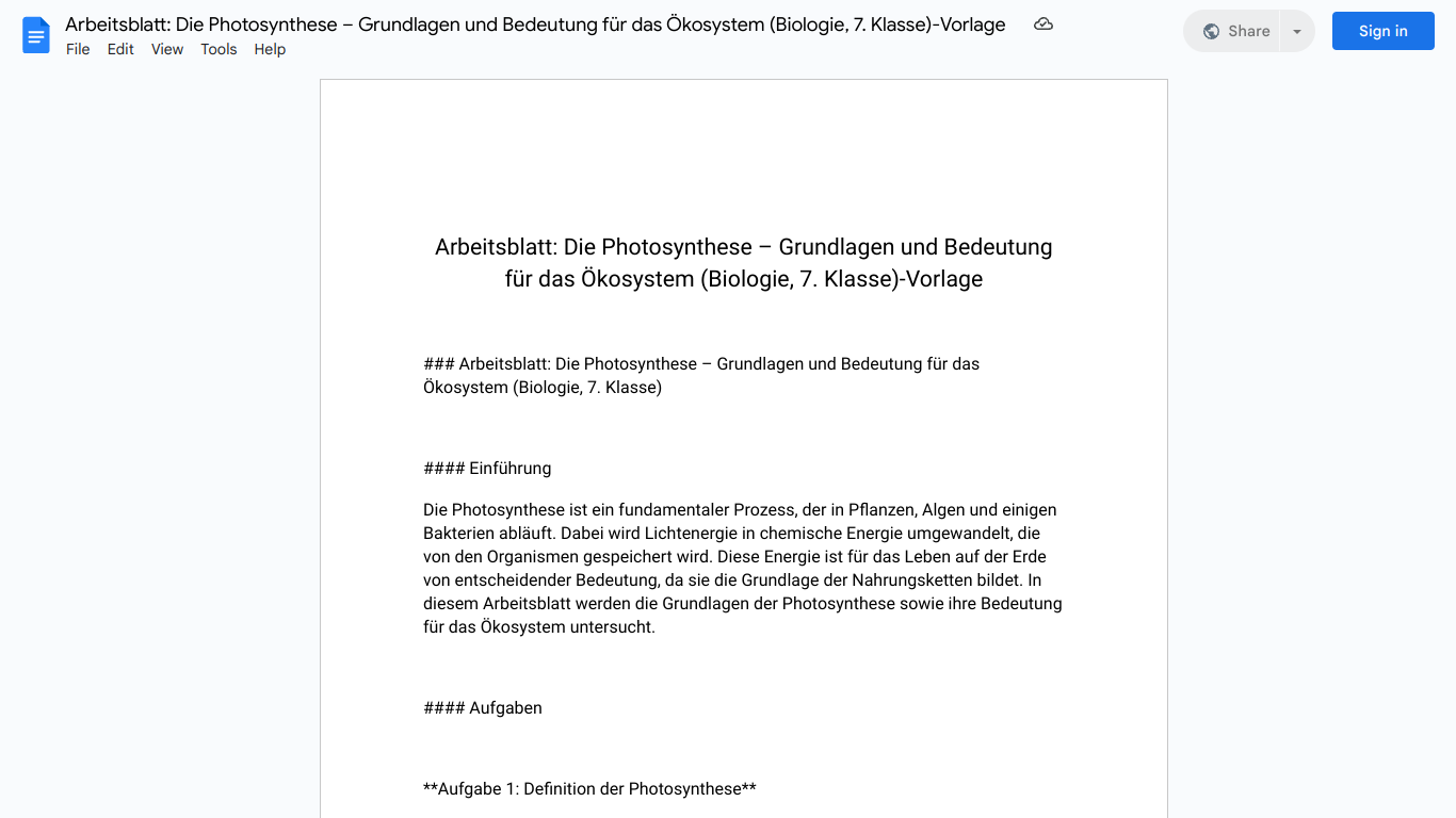 Arbeitsblatt: Die Photosynthese – Grundlagen und Bedeutung für das Ökosystem (Biologie, 7. Klasse)-Vorlage