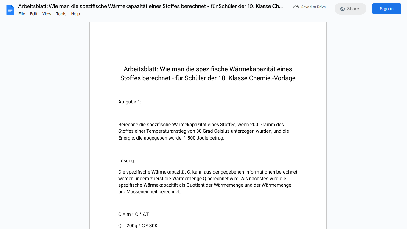 Arbeitsblatt: Wie man die spezifische Wärmekapazität eines Stoffes berechnet - für Schüler der 10. Klasse Chemie.-Vorlage
