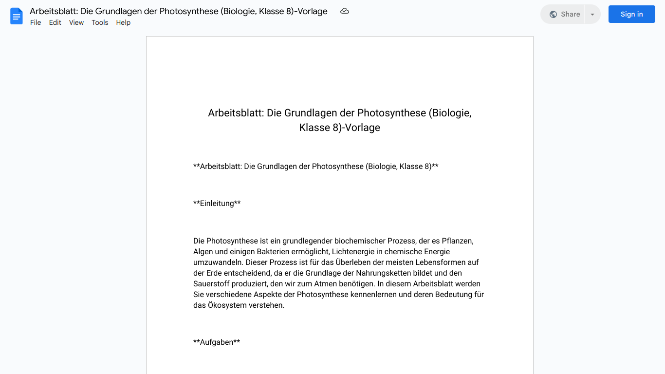 Arbeitsblatt: Die Grundlagen der Photosynthese (Biologie, Klasse 8)-Vorlage