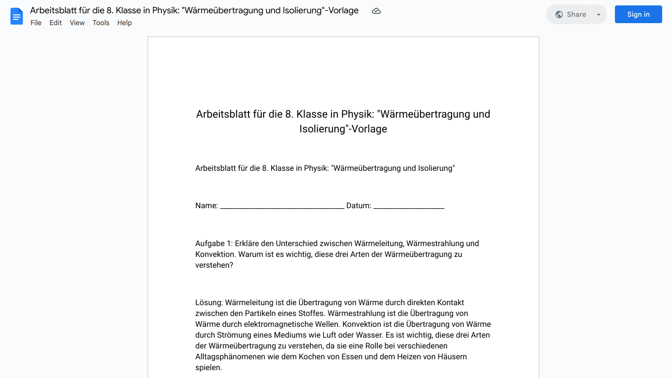 Arbeitsblatt für die 8. Klasse in Physik: "Wärmeübertragung und Isolierung"-Vorlage