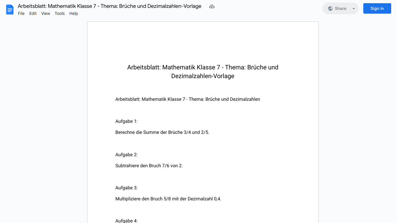 Arbeitsblatt: Mathematik Klasse 7 - Thema: Brüche und Dezimalzahlen-Vorlage