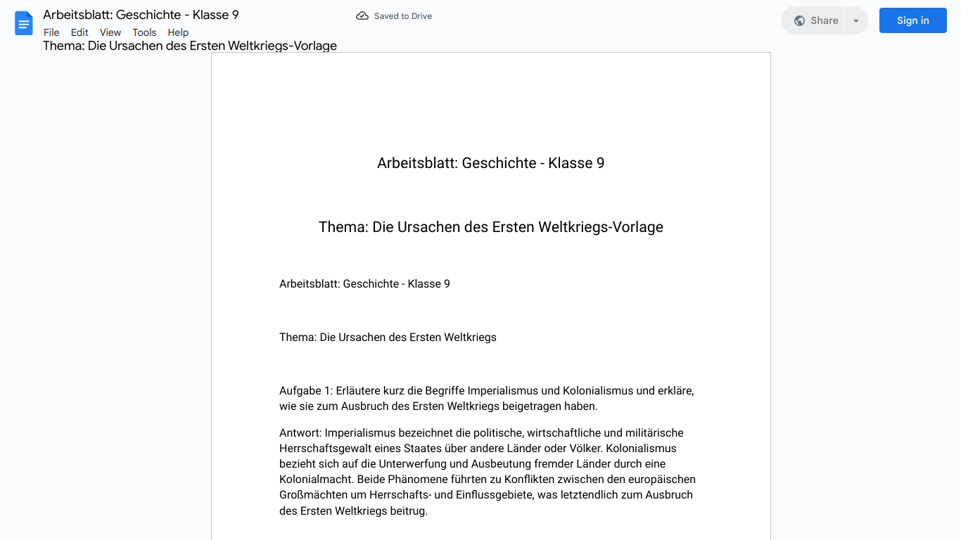 Arbeitsblatt: Geschichte - Klasse 9 

Thema: Die Ursachen des Ersten Weltkriegs-Vorlage