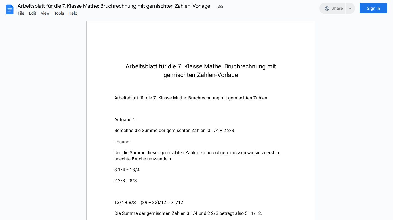 Arbeitsblatt für die 7. Klasse Mathe: Bruchrechnung mit gemischten Zahlen-Vorlage