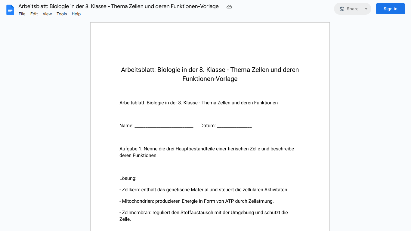 Arbeitsblatt: Biologie in der 8. Klasse - Thema Zellen und deren Funktionen-Vorlage