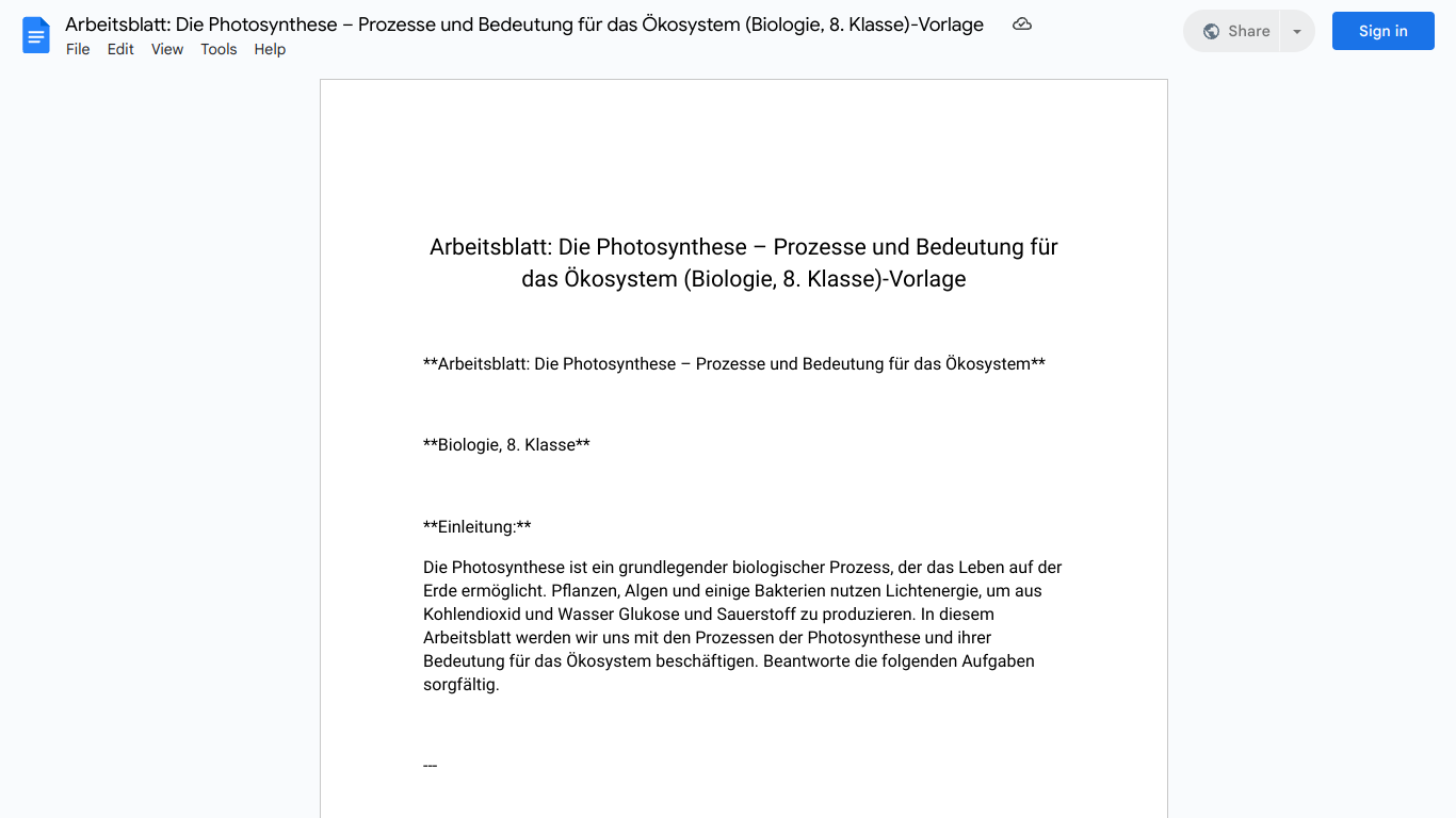 Arbeitsblatt: Die Photosynthese – Prozesse und Bedeutung für das Ökosystem (Biologie, 8. Klasse)-Vorlage