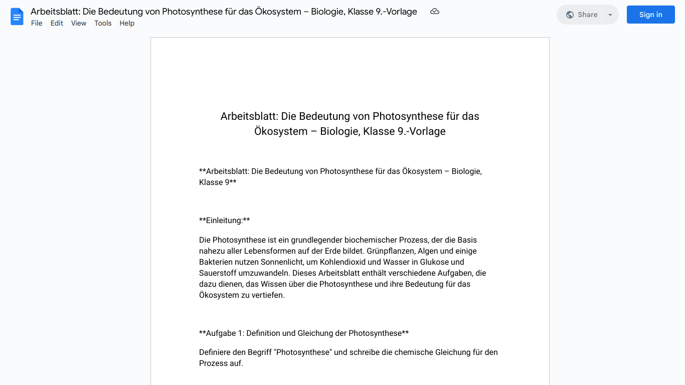 Arbeitsblatt: Die Bedeutung von Photosynthese für das Ökosystem – Biologie, Klasse 9.-Vorlage