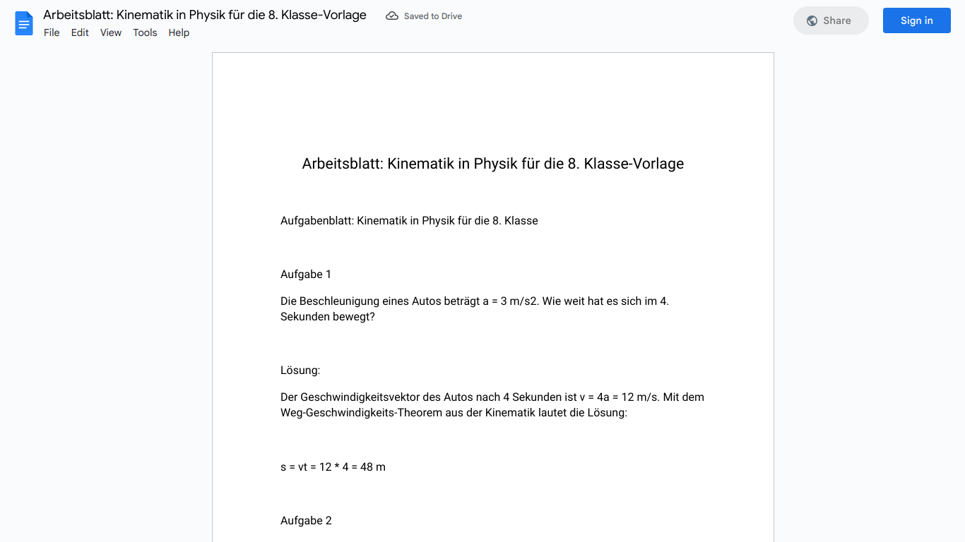 Arbeitsblatt: Kinematik in Physik für die 8. Klasse-Vorlage