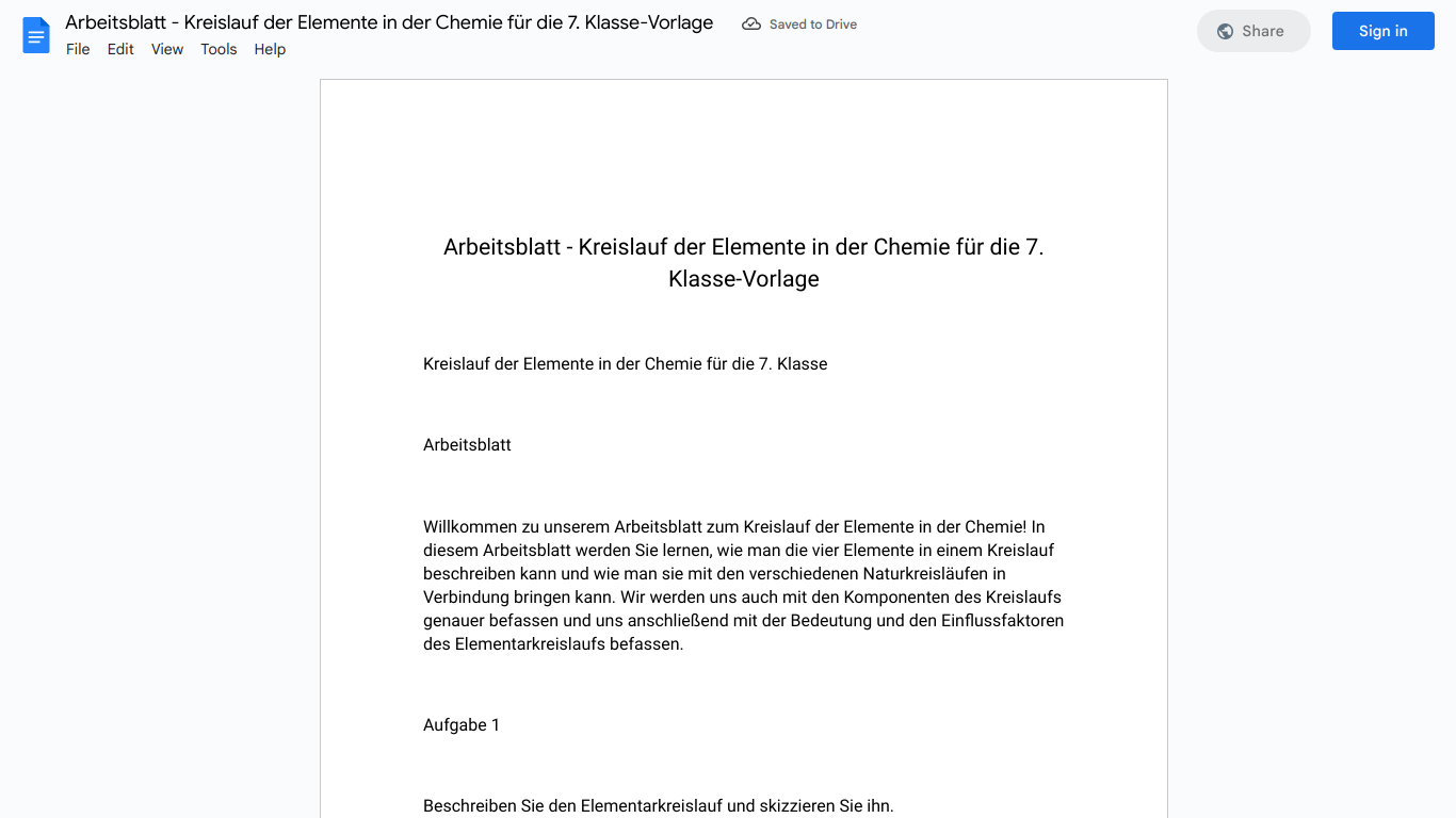 Arbeitsblatt - Kreislauf der Elemente in der Chemie für die 7. Klasse-Vorlage