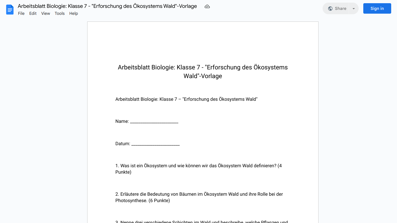 Arbeitsblatt Biologie: Klasse 7 - "Erforschung des Ökosystems Wald"-Vorlage