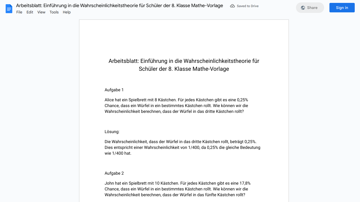 Arbeitsblatt: Einführung in die Wahrscheinlichkeitstheorie für Schüler der 8. Klasse Mathe-Vorlage