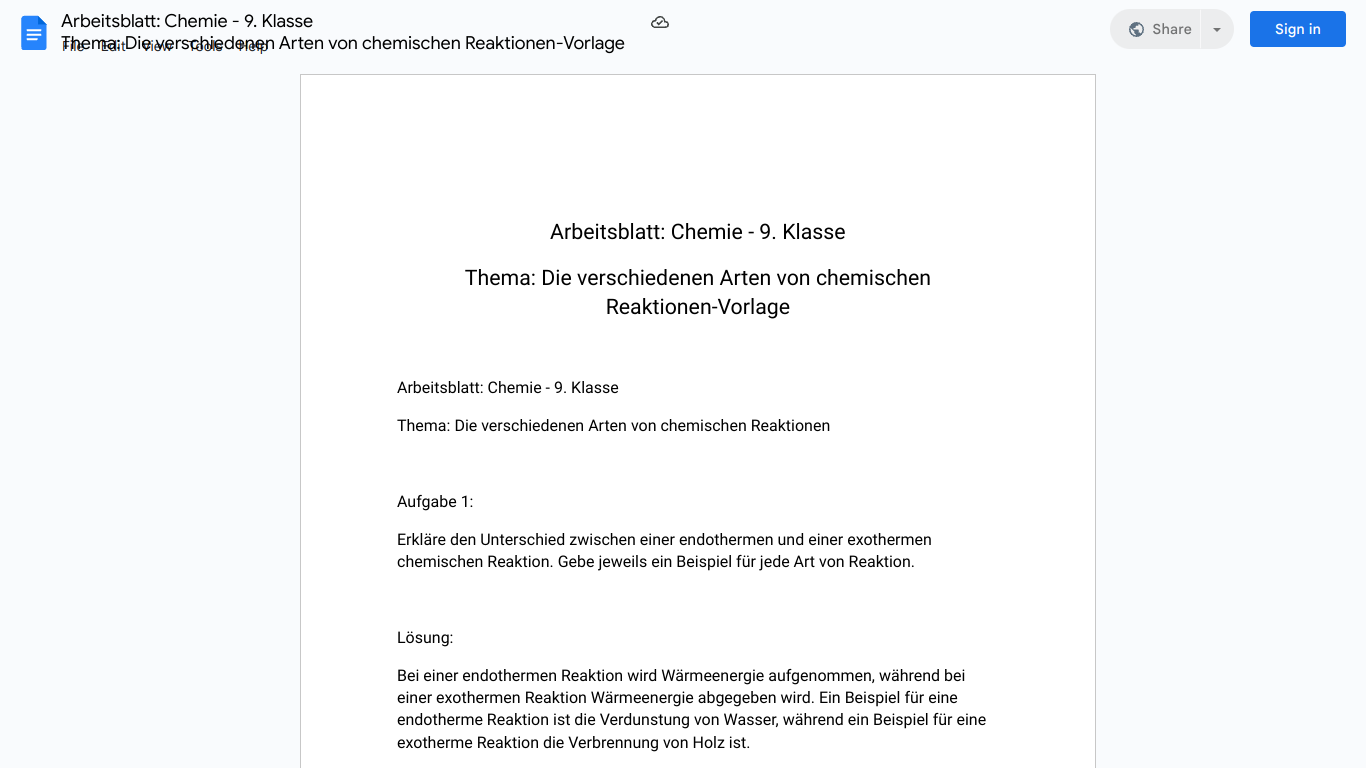 Arbeitsblatt: Chemie - 9. Klasse
Thema: Die verschiedenen Arten von chemischen Reaktionen-Vorlage