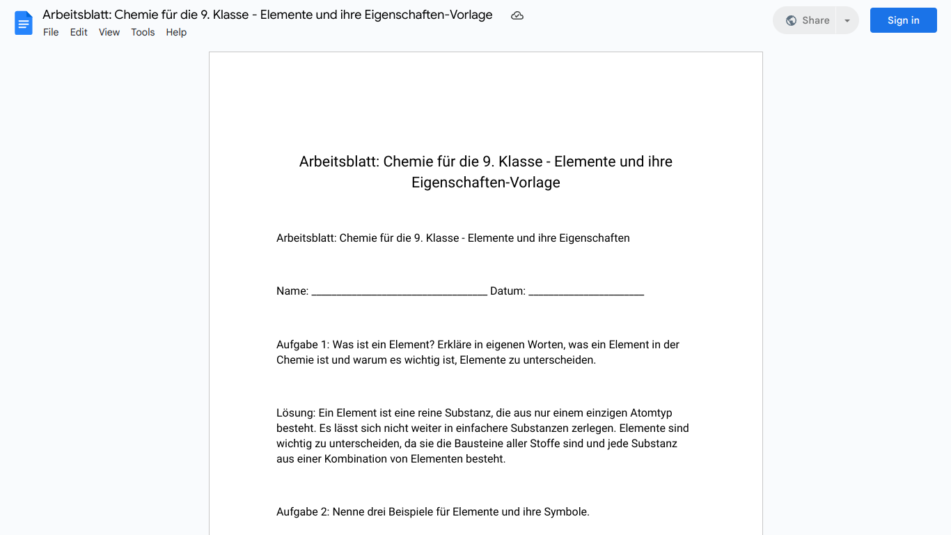 Arbeitsblatt: Chemie für die 9. Klasse - Elemente und ihre Eigenschaften-Vorlage