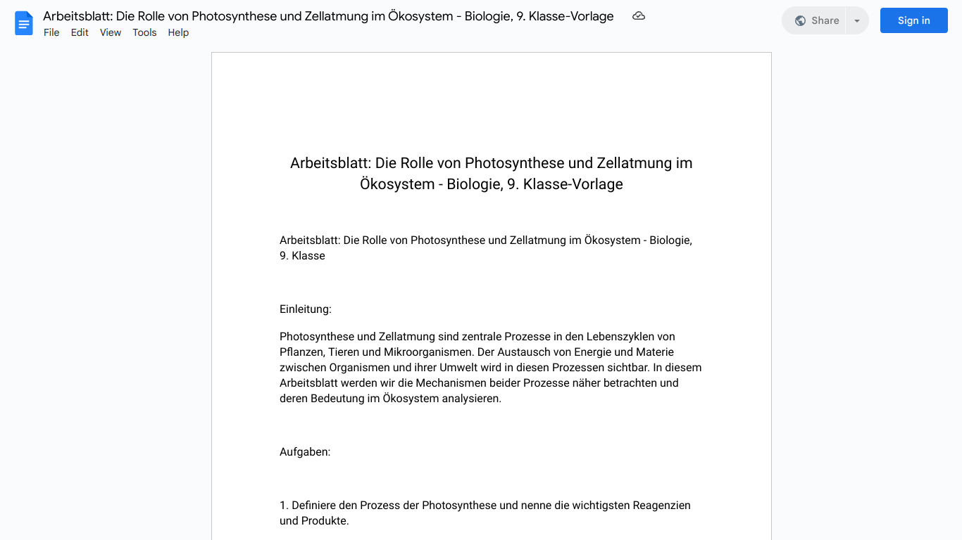 Arbeitsblatt: Die Rolle von Photosynthese und Zellatmung im Ökosystem - Biologie, 9. Klasse-Vorlage