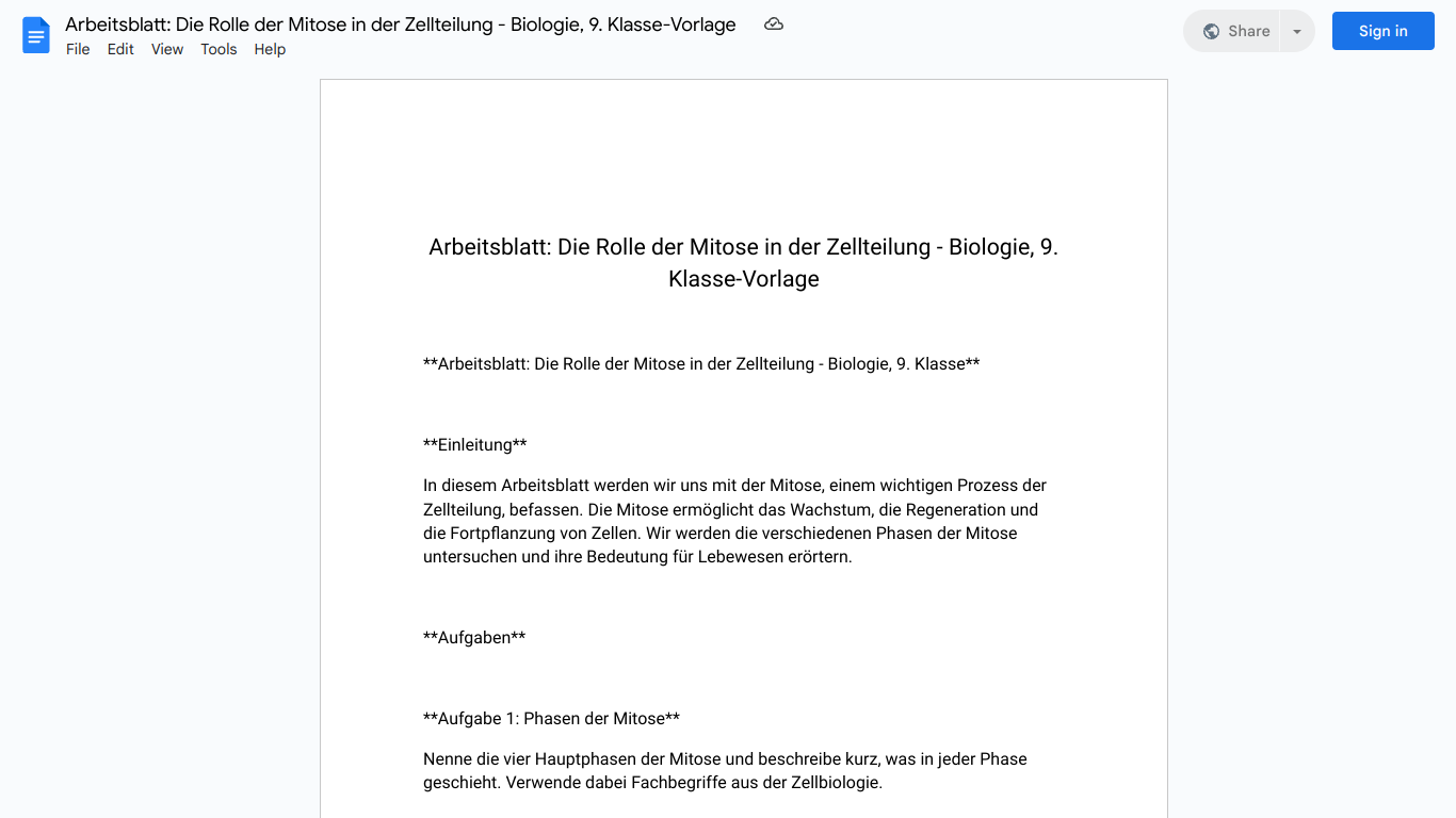 Arbeitsblatt: Die Rolle der Mitose in der Zellteilung - Biologie, 9. Klasse-Vorlage