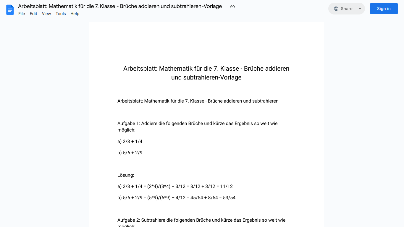 Arbeitsblatt: Mathematik für die 7. Klasse - Brüche addieren und subtrahieren-Vorlage