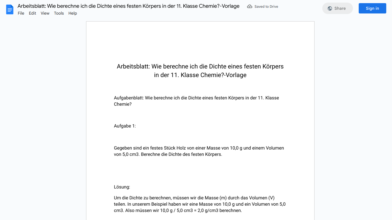 Arbeitsblatt: Wie berechne ich die Dichte eines festen Körpers in der 11. Klasse Chemie?-Vorlage