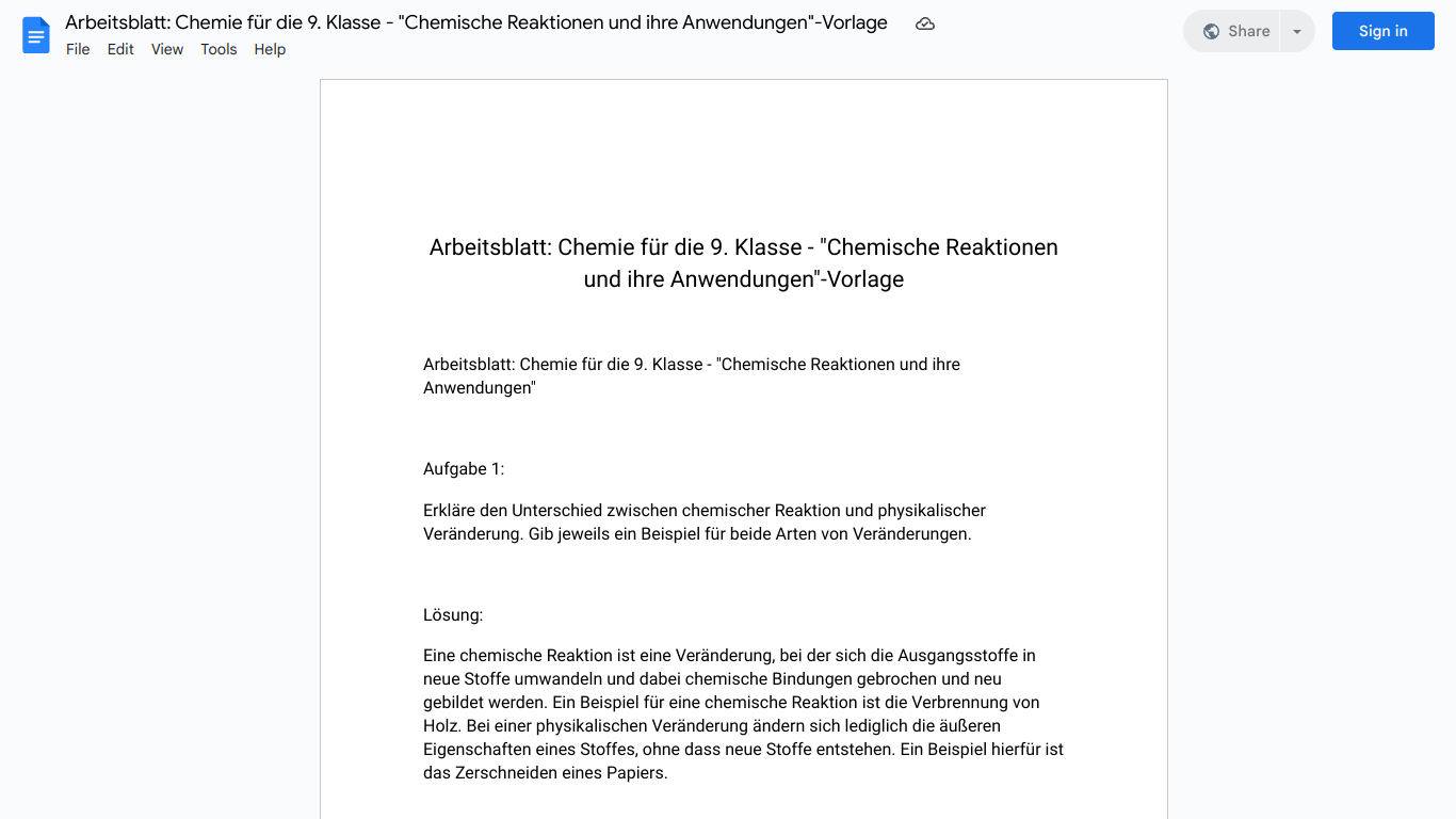 Arbeitsblatt: Chemie für die 9. Klasse - "Chemische Reaktionen und ihre Anwendungen"-Vorlage