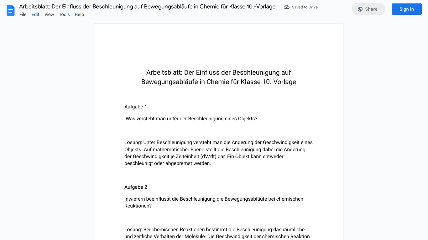 Arbeitsblatt: Der Einfluss der Beschleunigung auf Bewegungsabläufe in Chemie für Klasse 10.-Vorlage