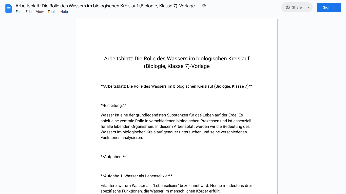 Arbeitsblatt: Die Rolle des Wassers im biologischen Kreislauf (Biologie, Klasse 7)-Vorlage