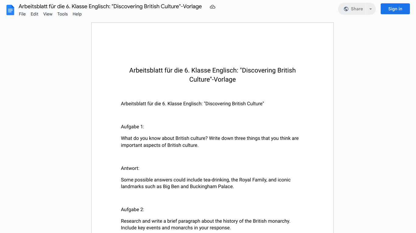 Arbeitsblatt für die 6. Klasse Englisch: "Discovering British Culture"-Vorlage